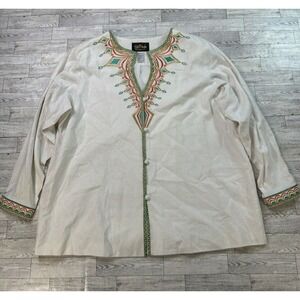 Bob Mackie Wearable Art Tunic Top | 2X Linen Blend Embroidered Boho Chic